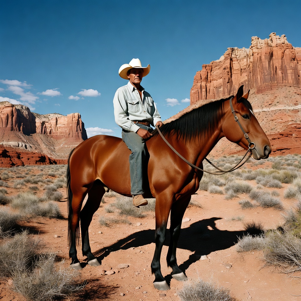 Cowboy riding horse in red rock desert Cowboy riding horse in red rock desert