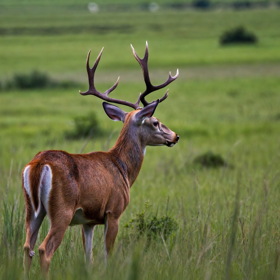 Buck with large antlers in green field Buck with large antlers in green field