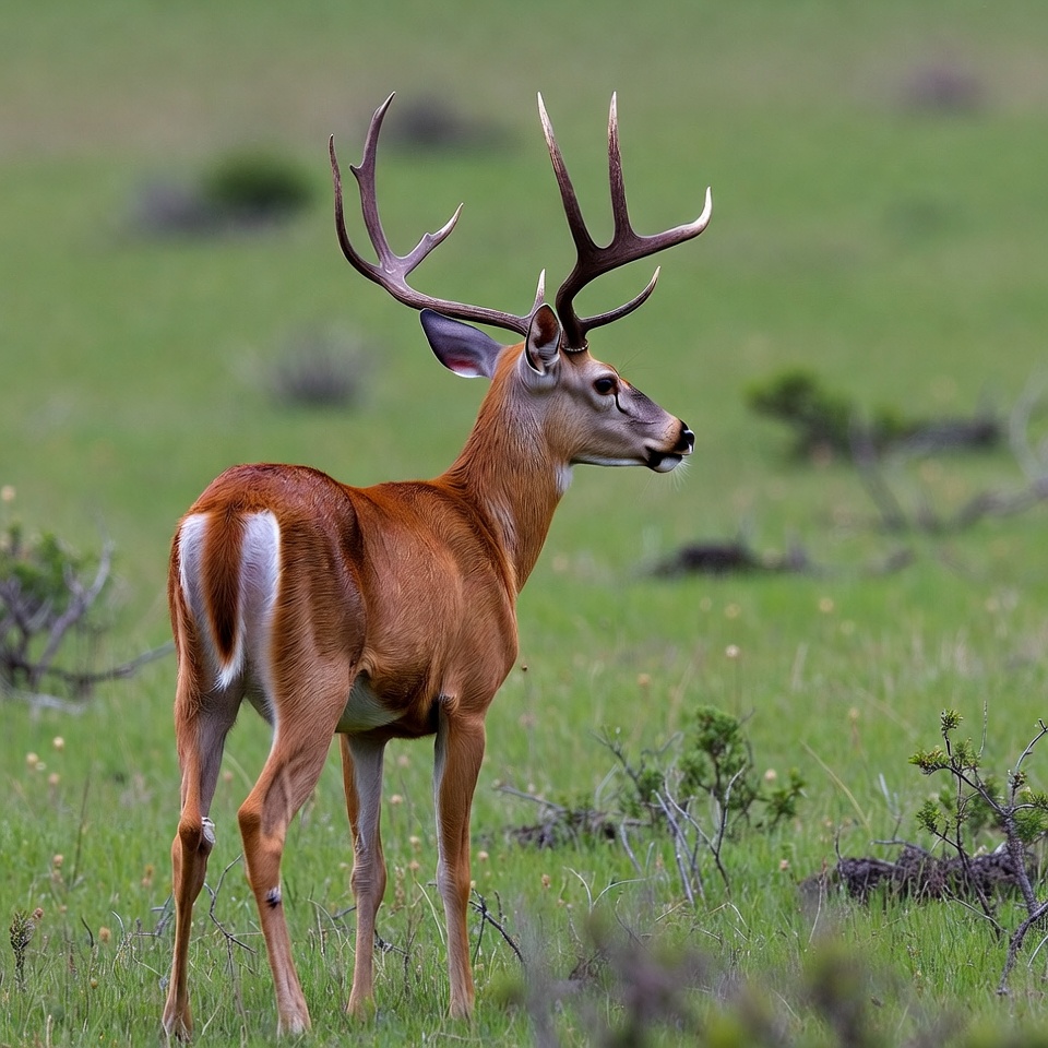 Buck with large antlers in green field Buck with large antlers in green field