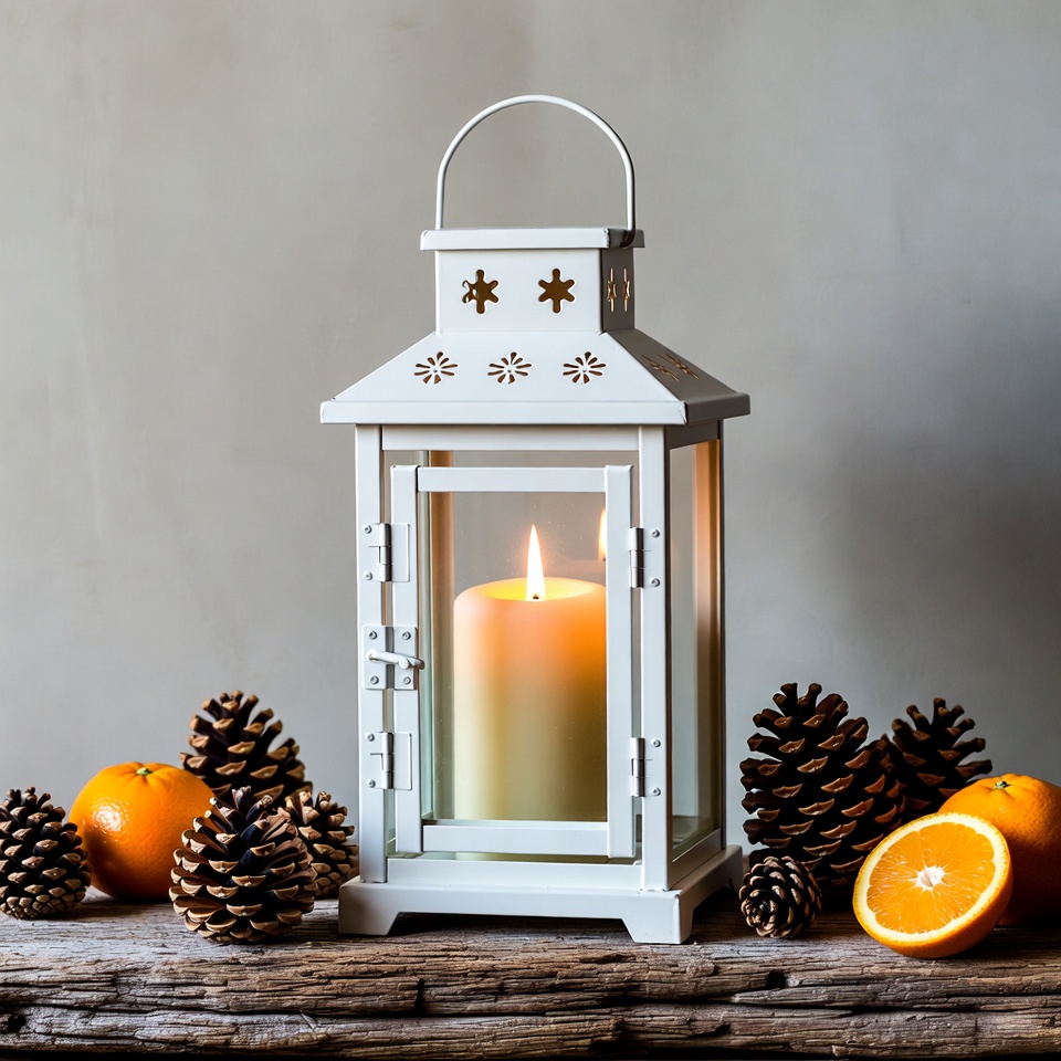 White Lantern Candle with Pine Cones Oranges White Lantern Candle with Pine Cones Oranges