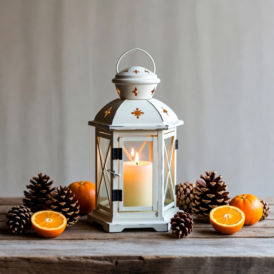 White Lantern with Candle and Pine Cones White Lantern with Candle and Pine Cones