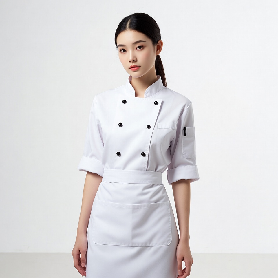 Asian woman in white chef uniform Asian woman in white chef uniform