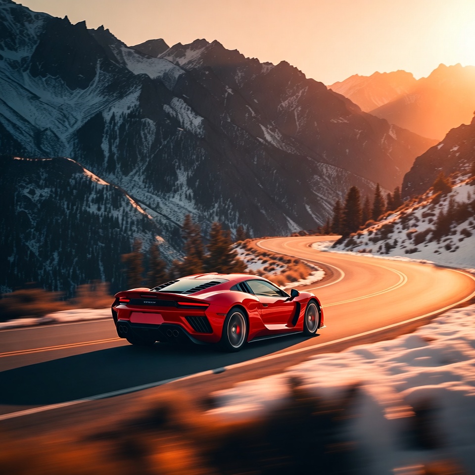 Red Supercar Driving Mountain Road Red Supercar Driving Mountain Road