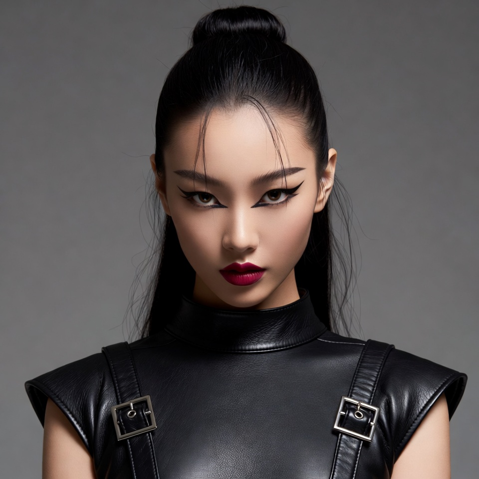 Asian woman in black leather outfit Asian woman in black leather outfit