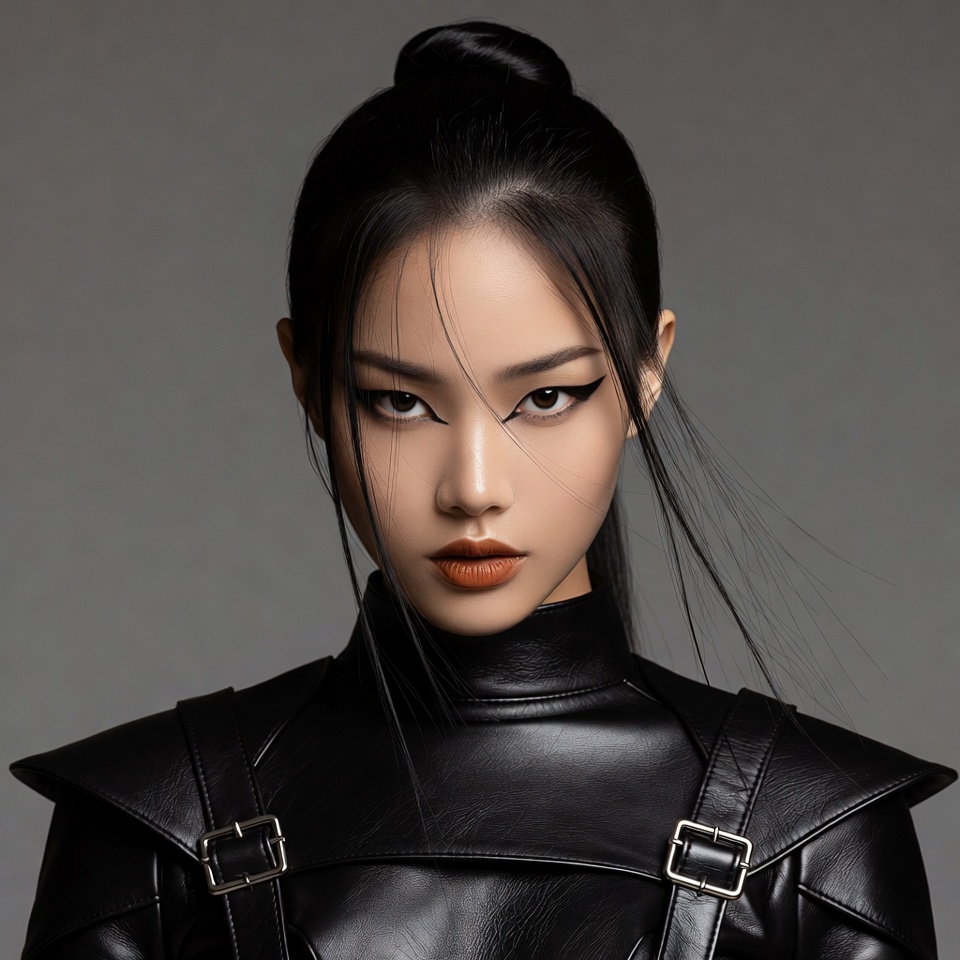 Asian woman in black leather outfit Asian woman in black leather outfit
