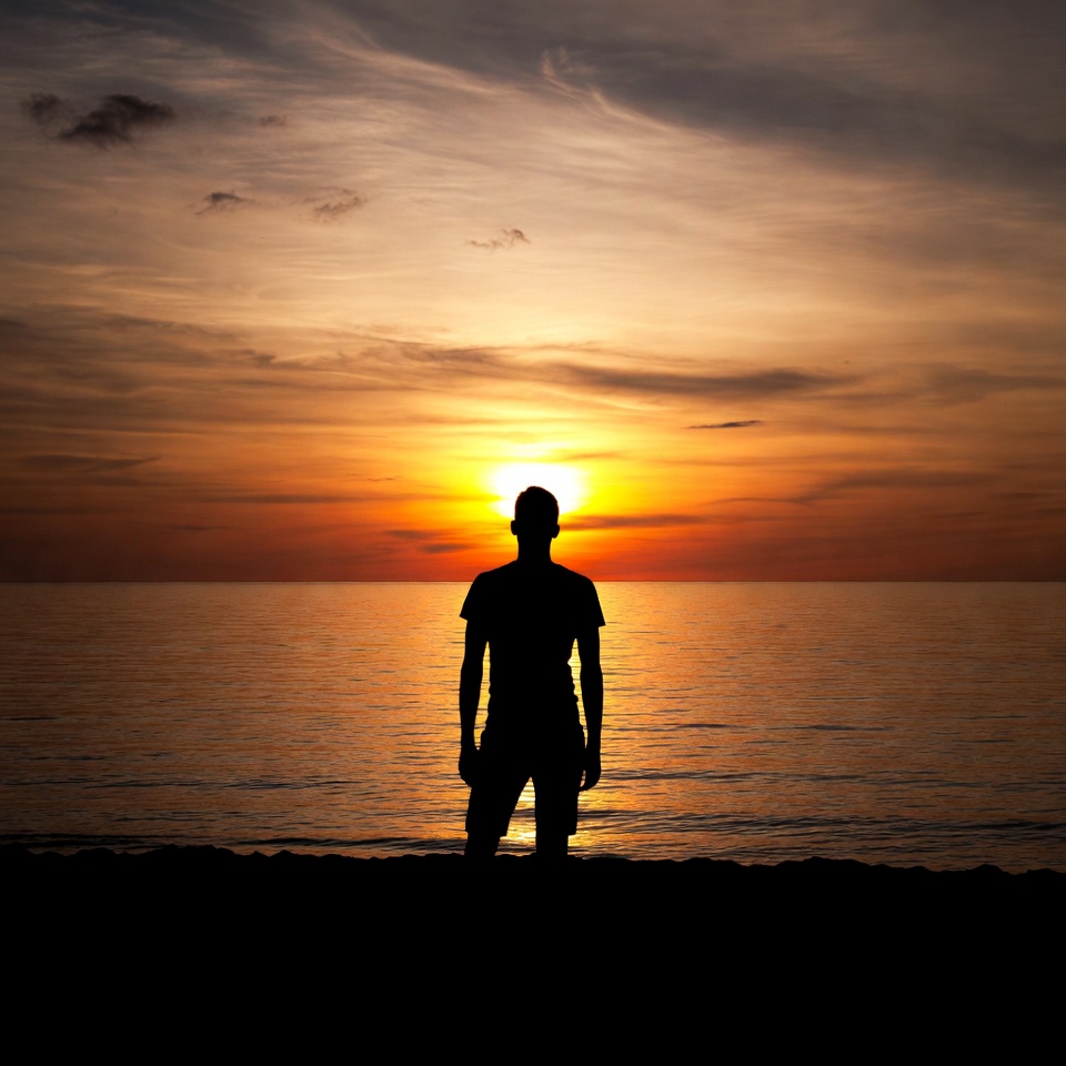 Silhouette man watching sunset beach Silhouette man watching sunset beach