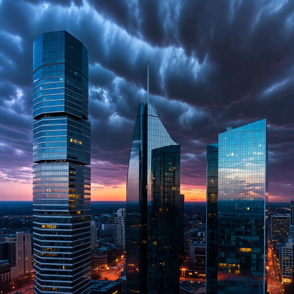 Skyscrapers at Sunset with Stormy Clouds Skyscrapers at Sunset with Stormy Clouds