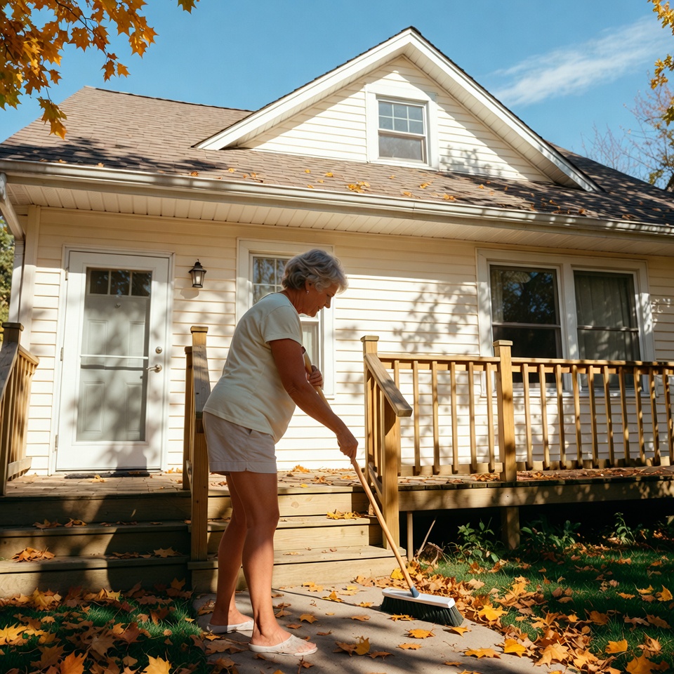 Elderly woman sweeping leaves on porch Elderly woman sweeping leaves on porch