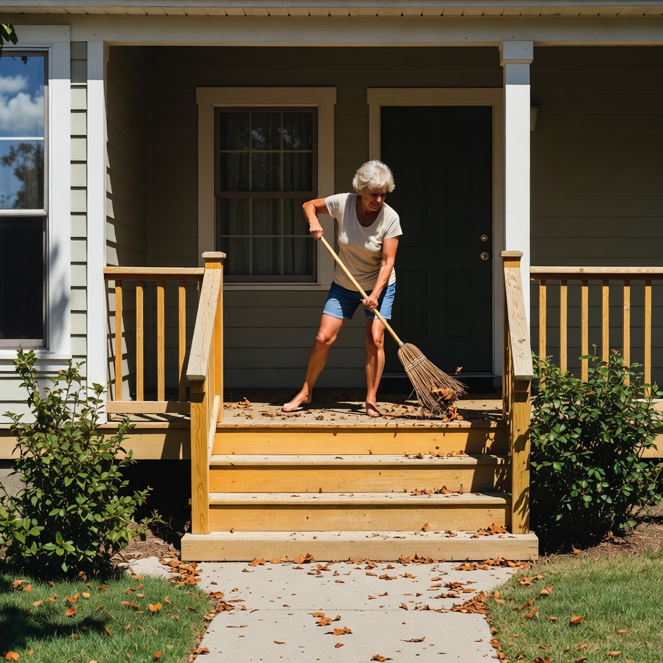 Elderly woman sweeping leaves on porch Elderly woman sweeping leaves on porch