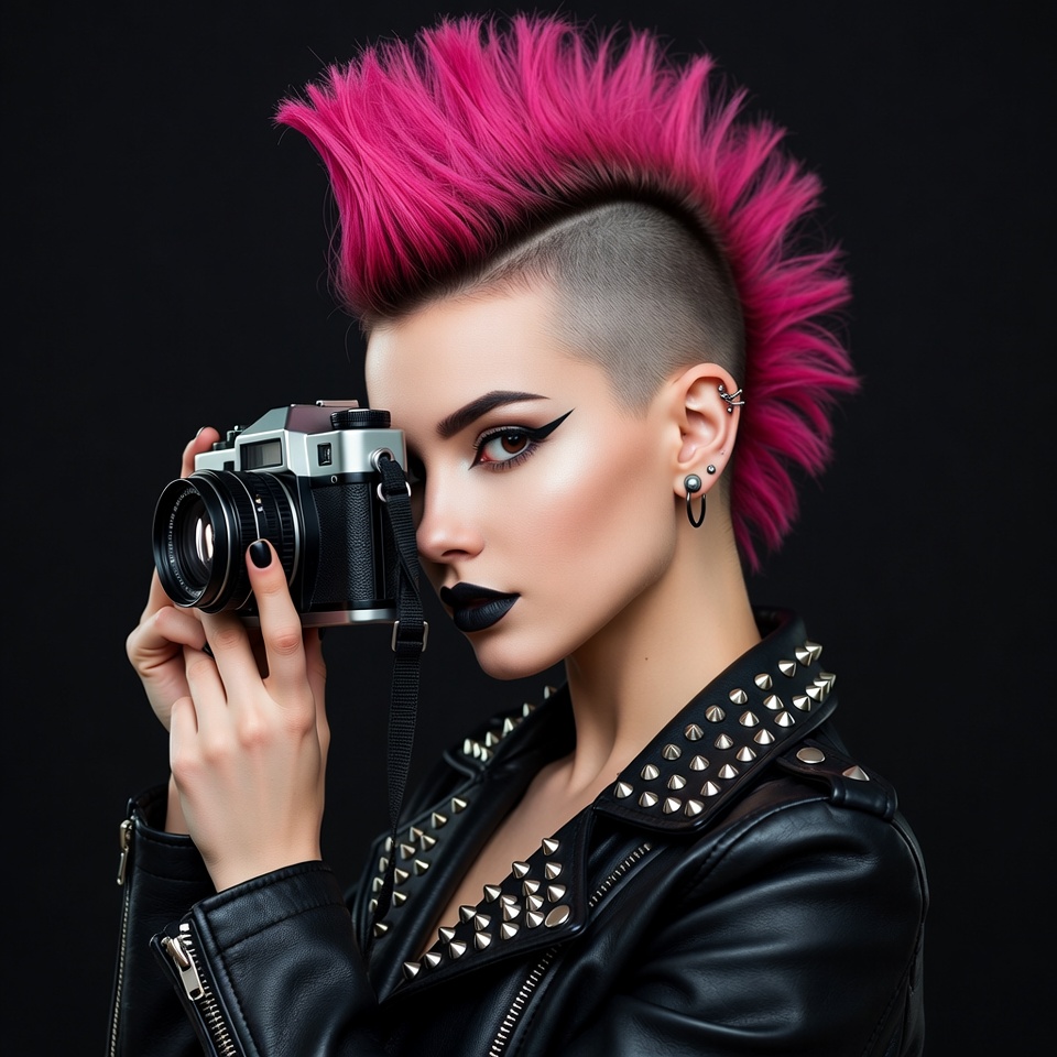 Woman with pink mohawk holding camera Woman with pink mohawk holding camera
