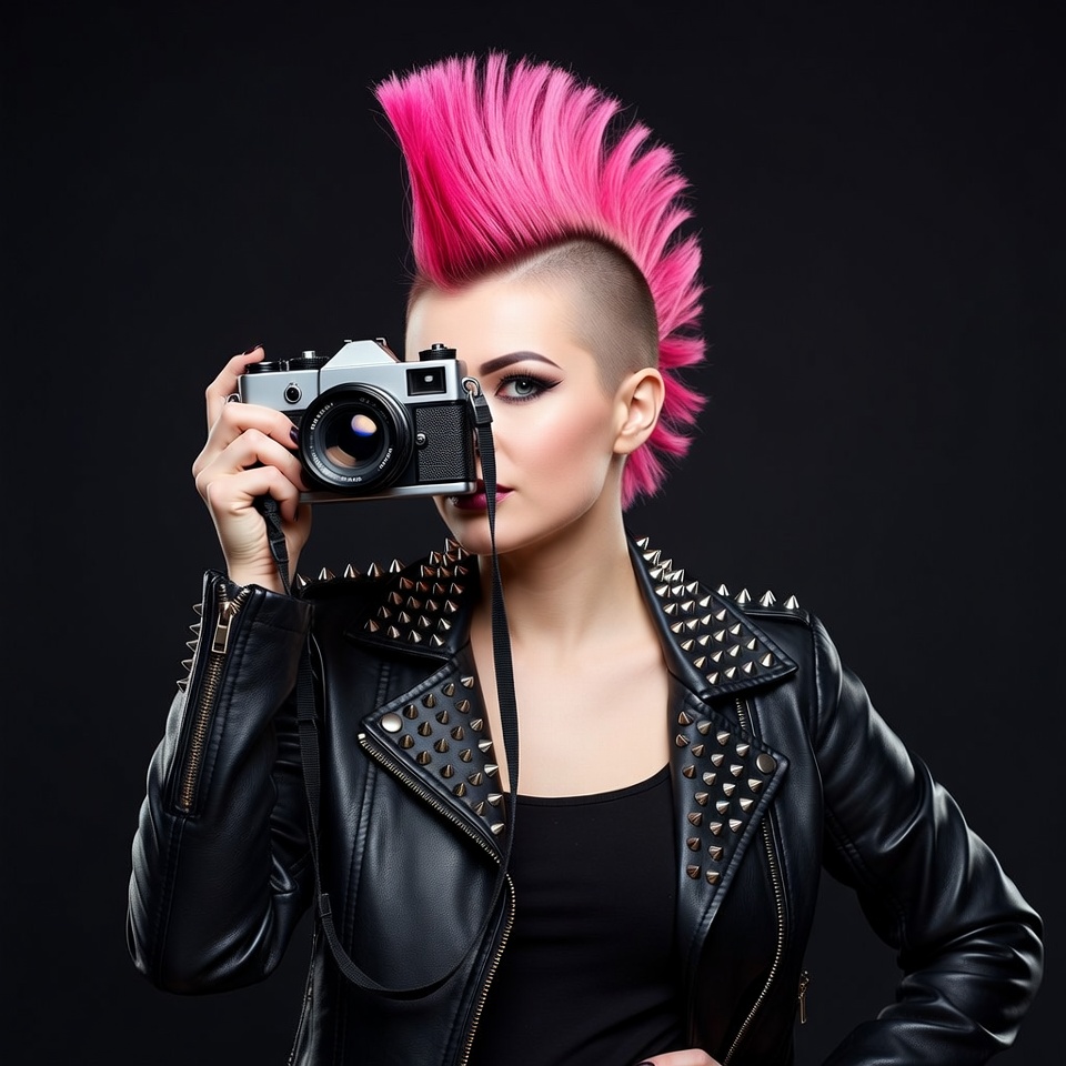 Punk woman with pink mohawk holding camera Punk woman with pink mohawk holding camera