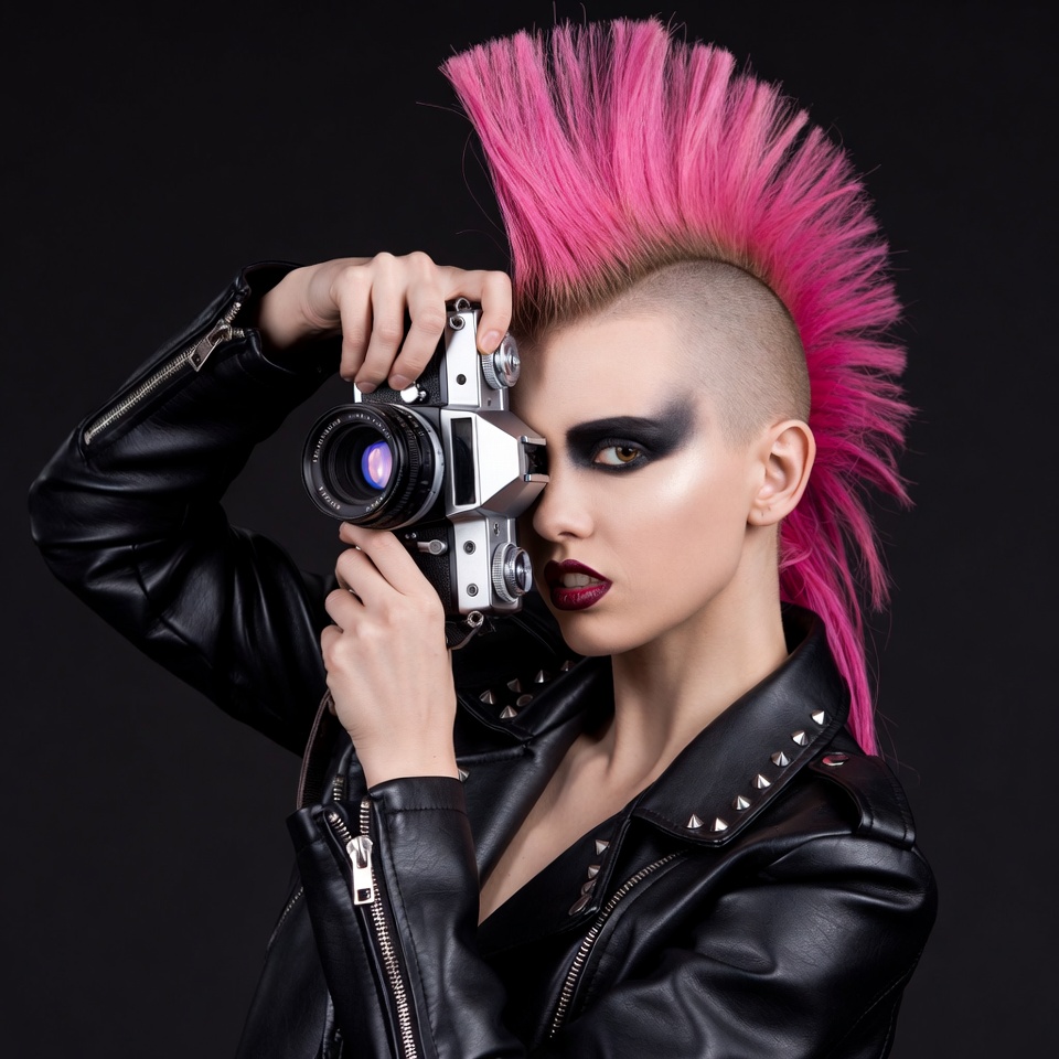 Punk woman with pink mohawk holding camera Punk woman with pink mohawk holding camera