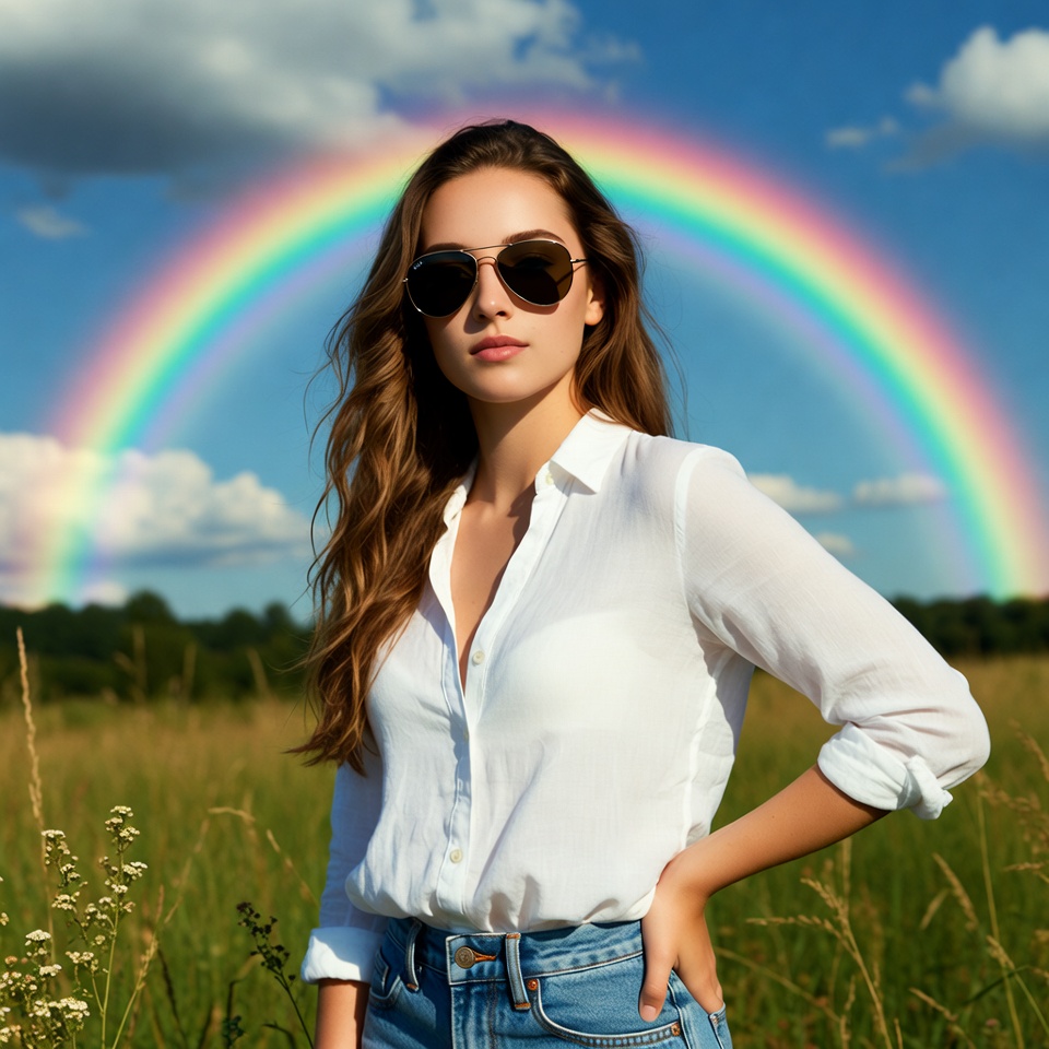 Woman with sunglasses and rainbow Woman with sunglasses and rainbow