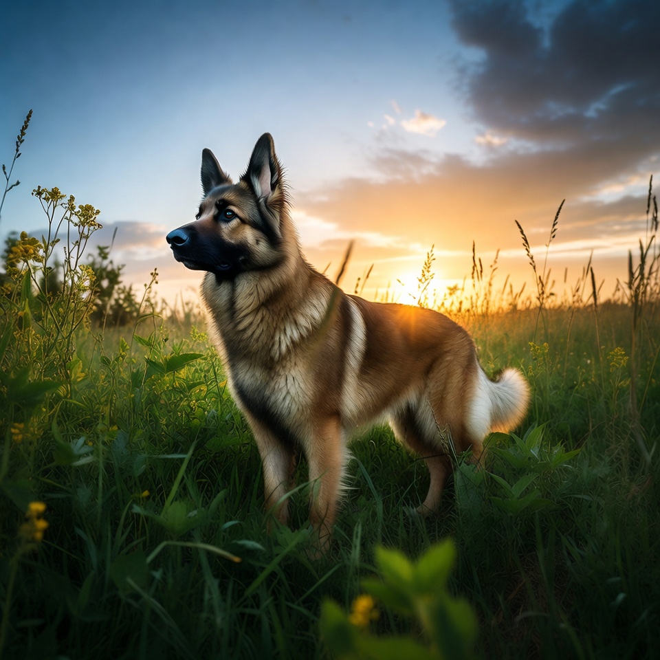 German Shepherd in sunset field German Shepherd in sunset field