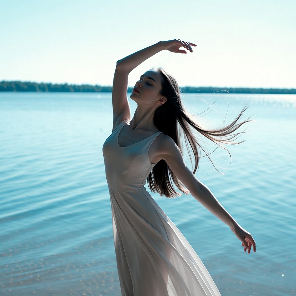 Woman dancing by lake in white dress Woman dancing by lake in white dress