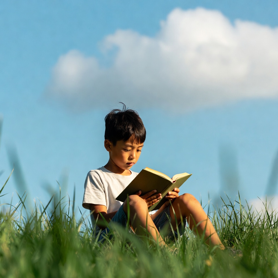 Asian boy reading book in grass Asian boy reading book in grass