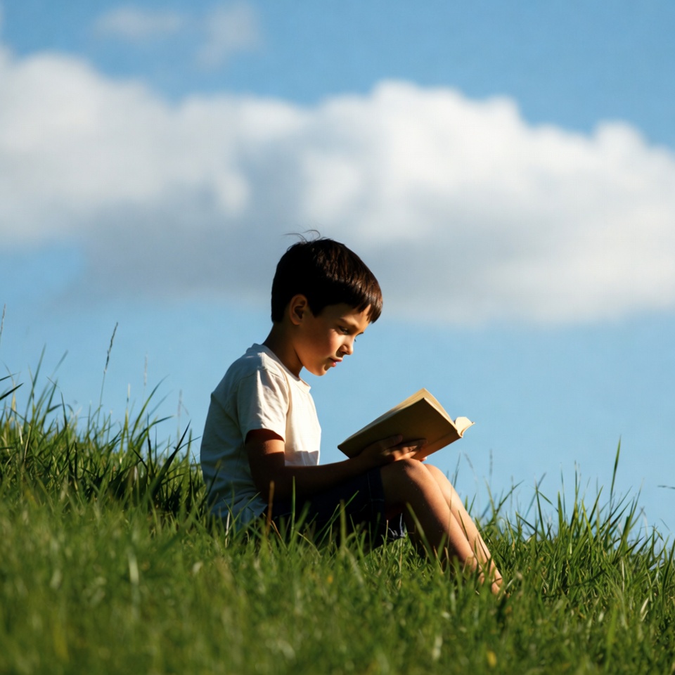 Boy reading book on grass Boy reading book on grass