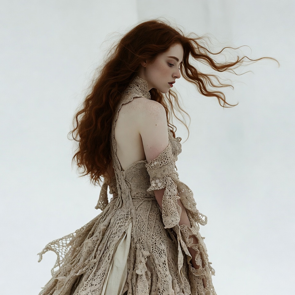 Woman in lace gown with flowing red hair Woman in lace gown with flowing red hair