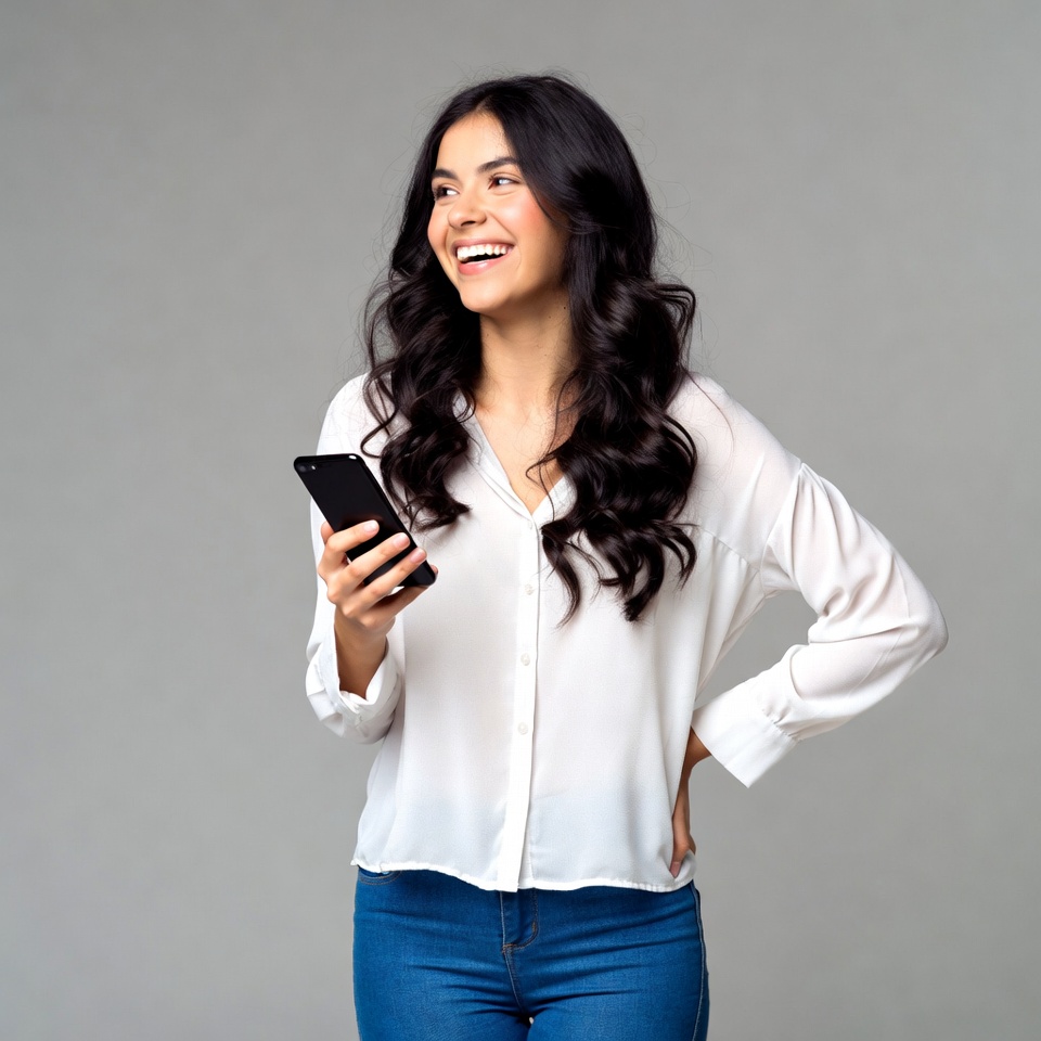 Smiling woman holding smartphone Smiling woman holding smartphone