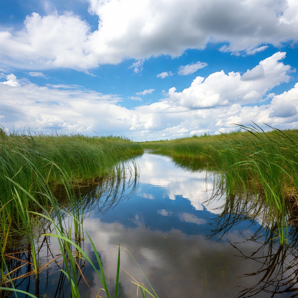 Reed-lined Stream Reflecting Blue Sky Reed-lined Stream Reflecting Blue Sky