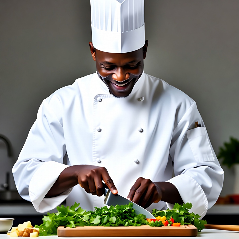 African-American chef chopping vegetables African-American chef chopping vegetables