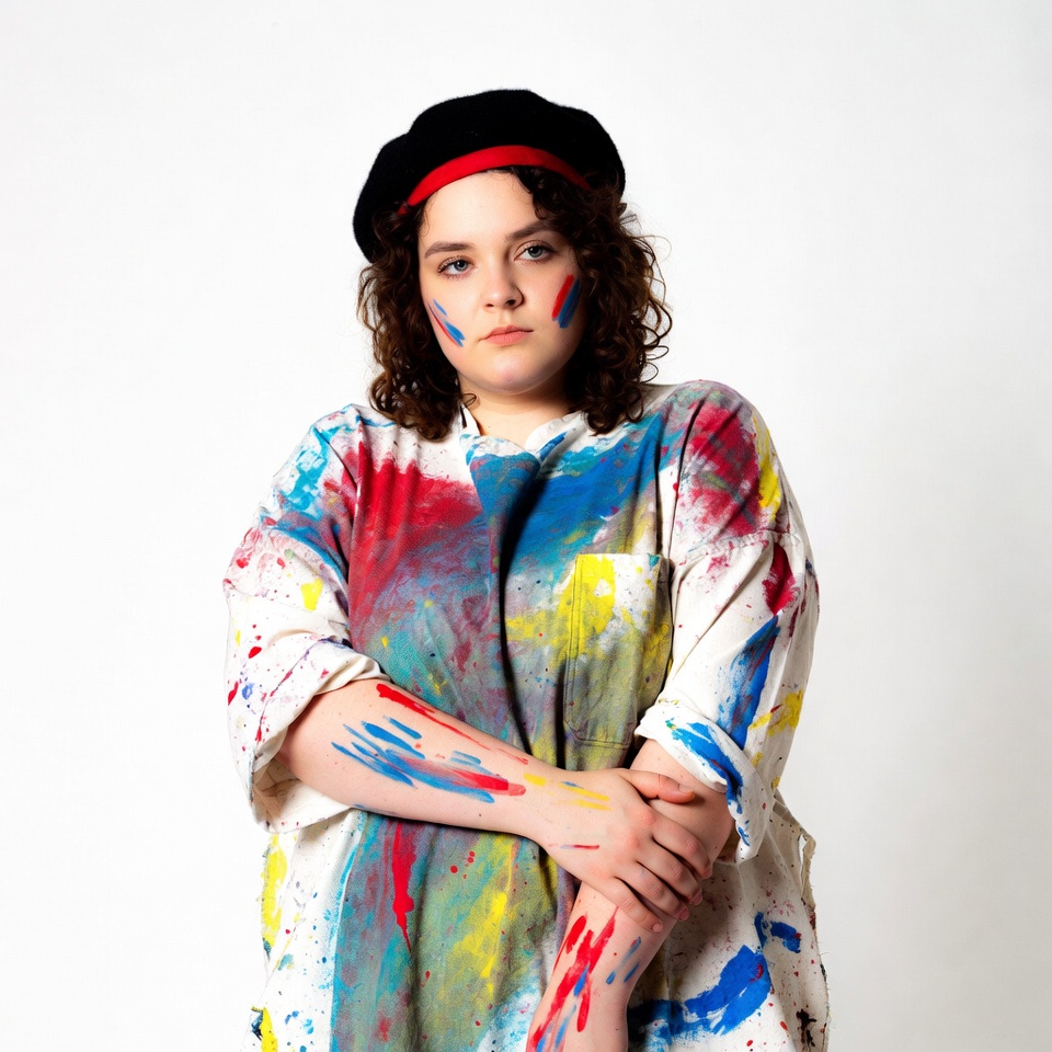 Woman in paint-splattered clothes with beret Woman in paint-splattered clothes with beret