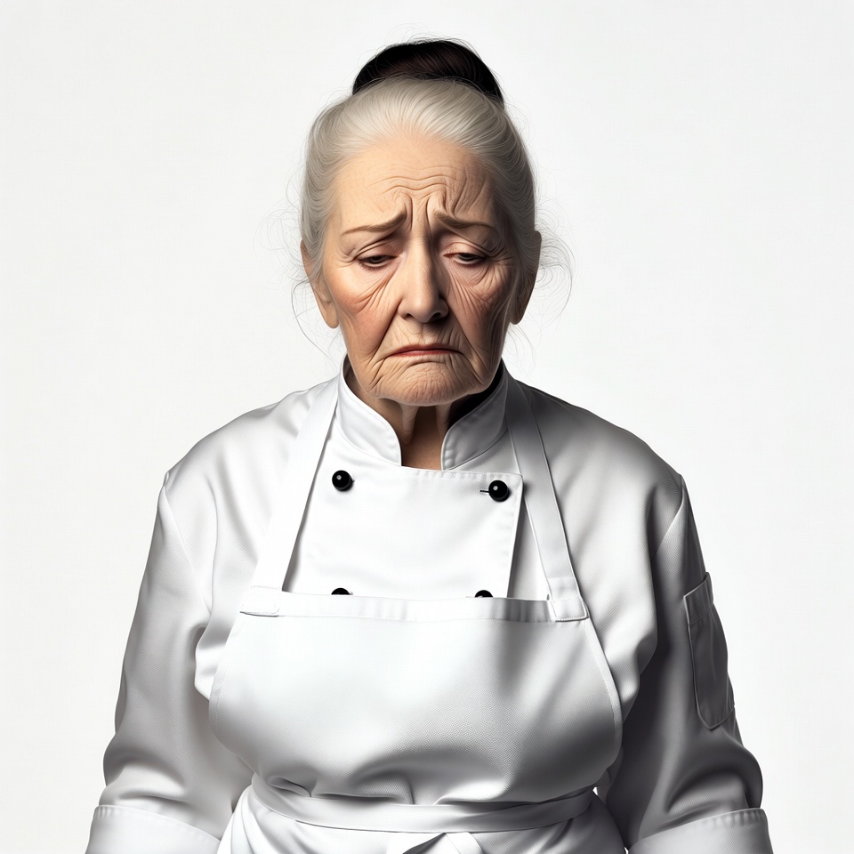 Elderly woman in white chef uniform Elderly woman in white chef uniform