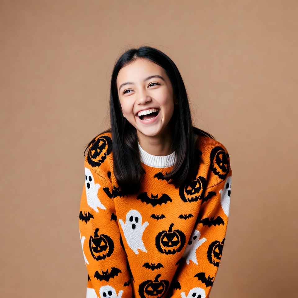 Asian girl smiling in Halloween sweater Asian girl smiling in Halloween sweater