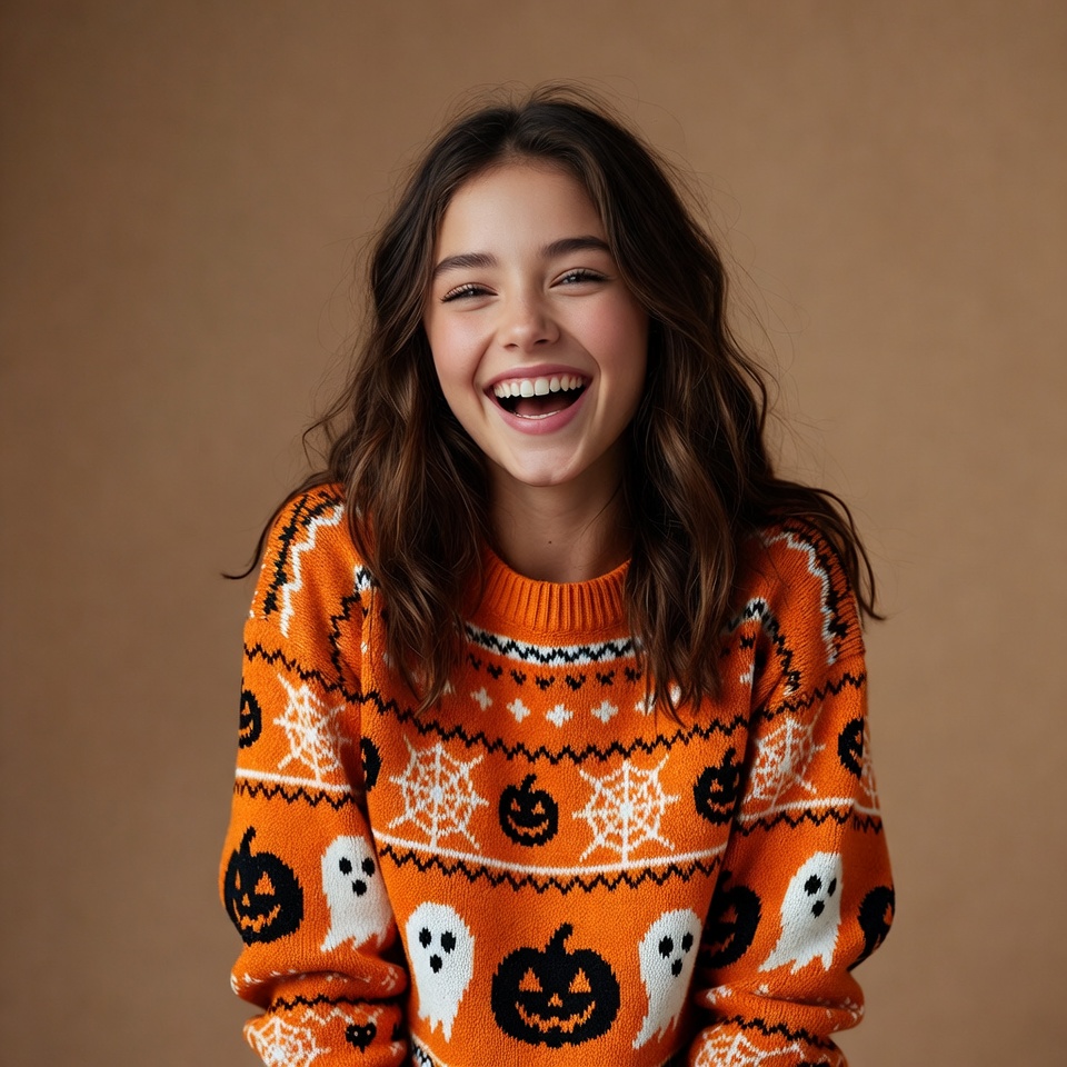 Girl smiling in Halloween sweater Girl smiling in Halloween sweater