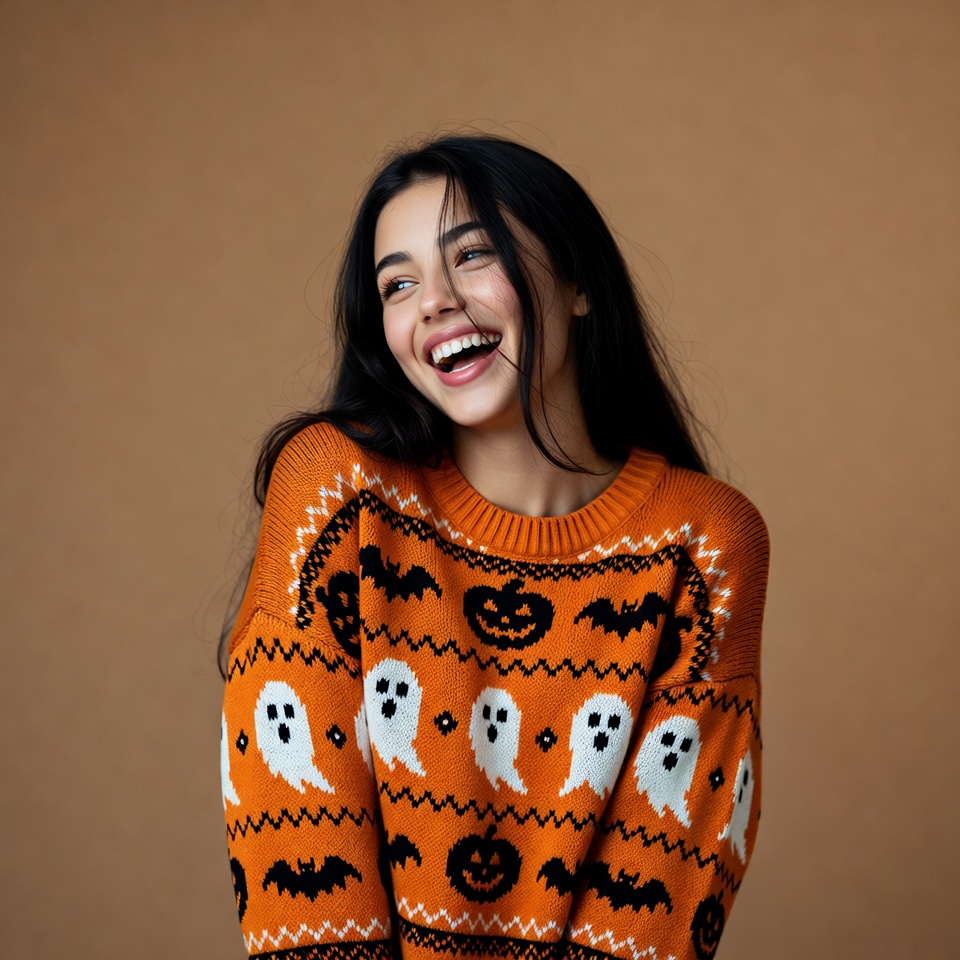 Woman smiling in Halloween sweater Woman smiling in Halloween sweater