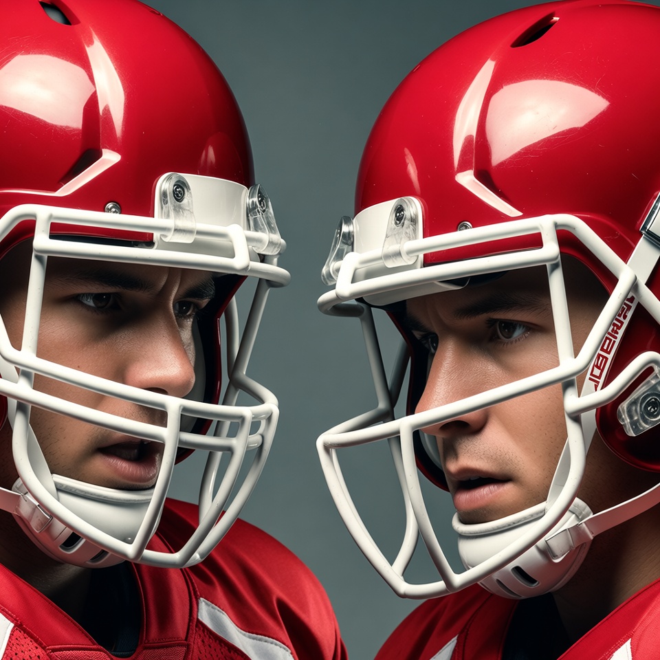 Two football players in red helmets Two football players in red helmets