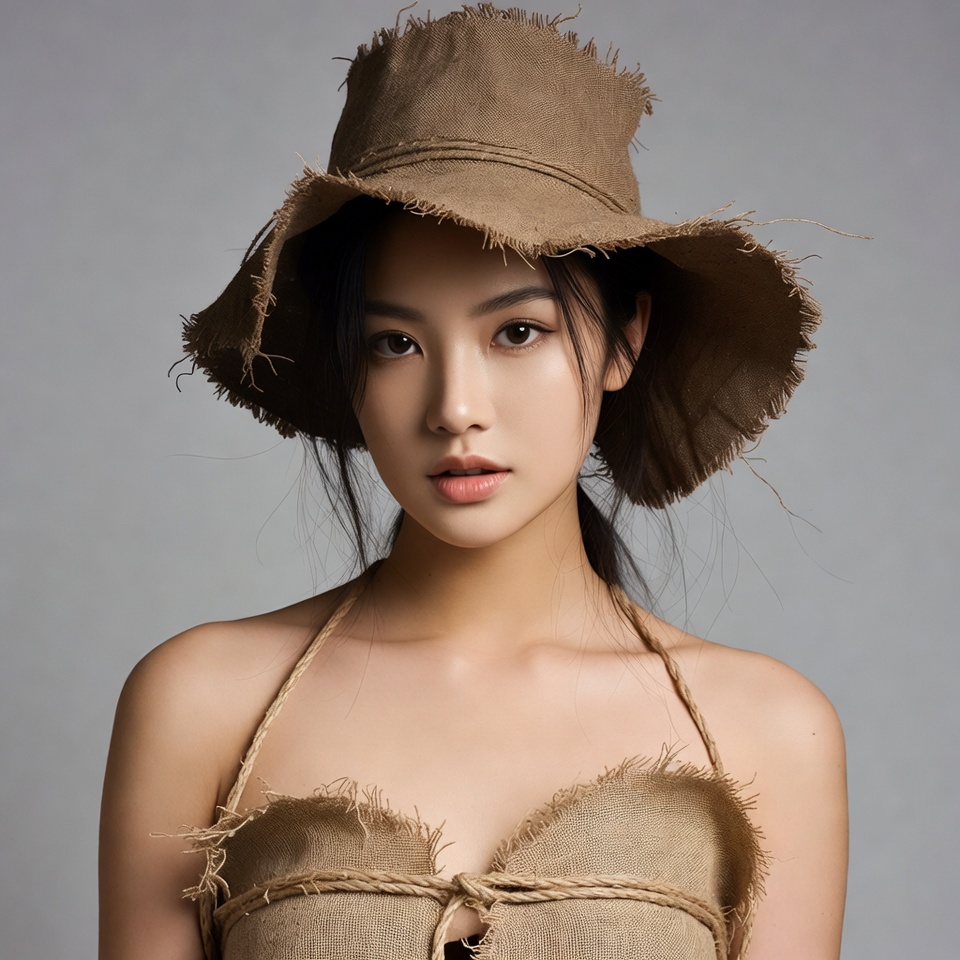 Asian woman in fringed burlap hat Asian woman in fringed burlap hat