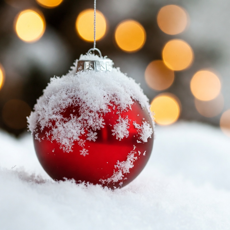 Red Christmas ornament with snow Red Christmas ornament with snow