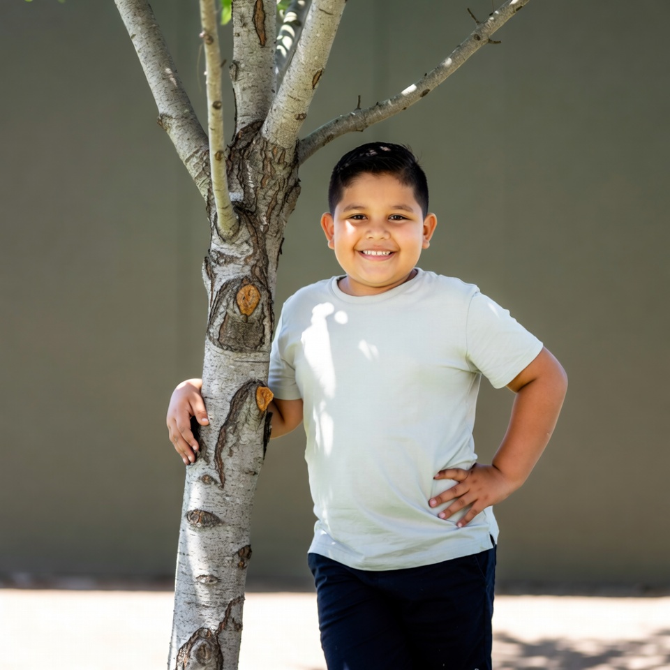 Young Latino boy leaning on tree Young Latino boy leaning on tree