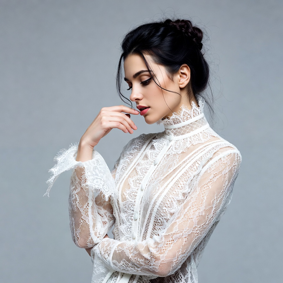 Woman in lace blouse thoughtful pose Woman in lace blouse thoughtful pose