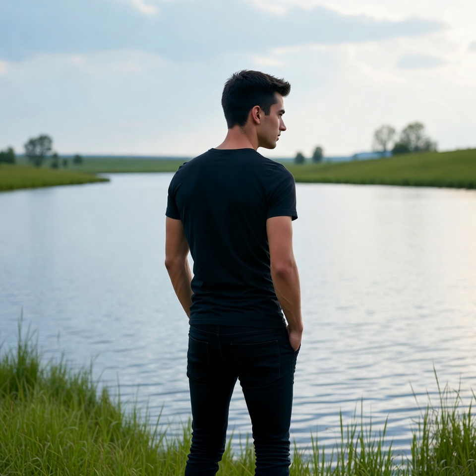Man standing by river in field Man standing by river in field