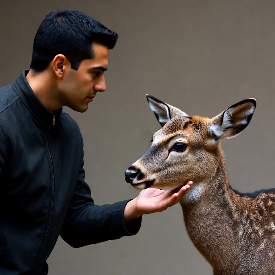 Man petting baby deer Man petting baby deer