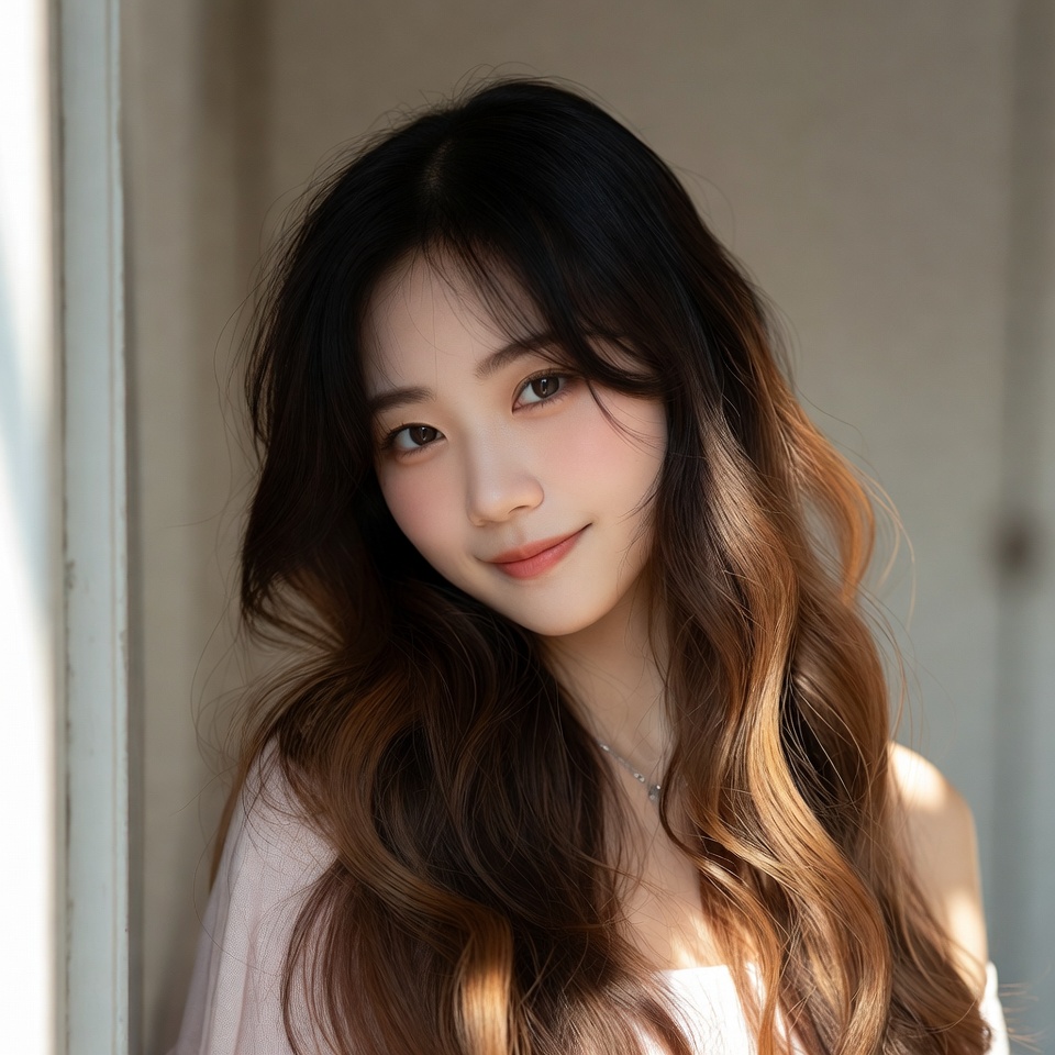 Asian woman with long wavy hair Asian woman with long wavy hair