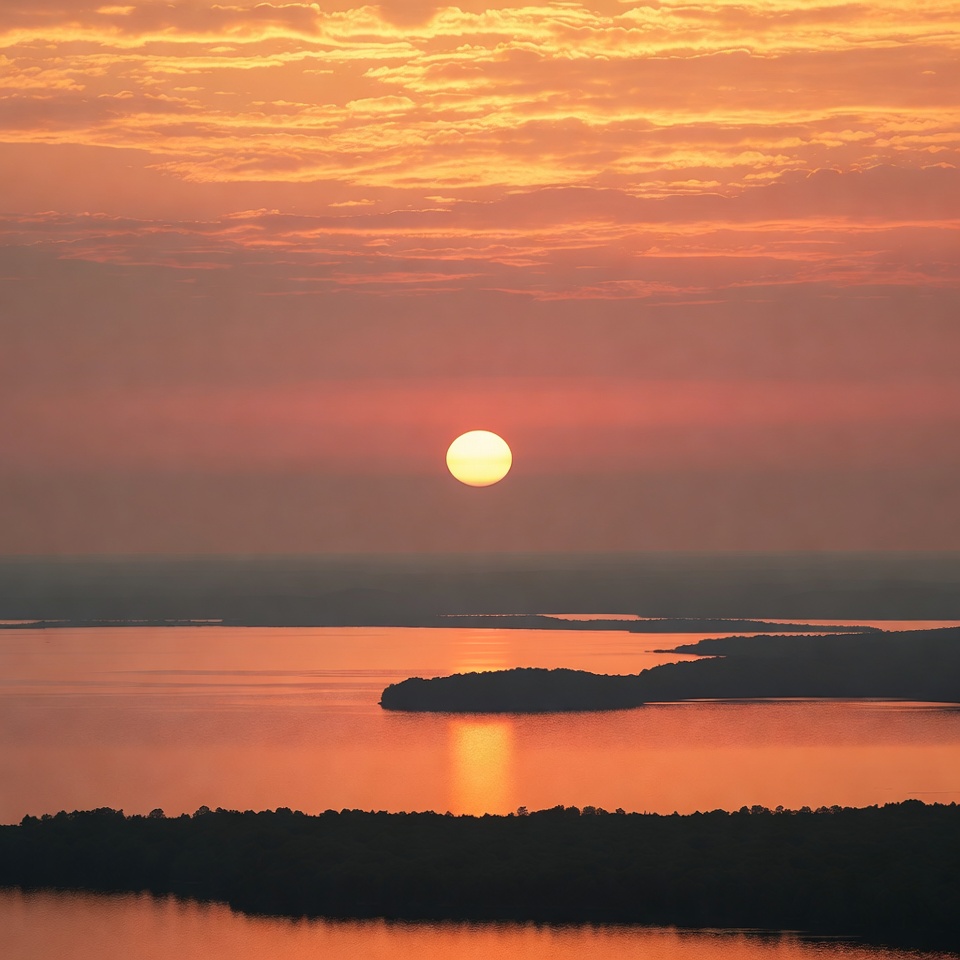 Sunset over lake with islands Sunset over lake with islands