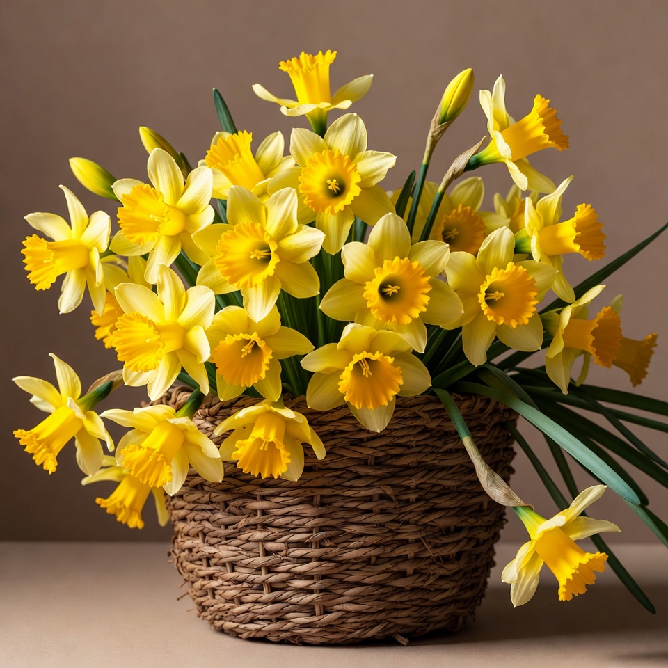 Yellow Daffodils in Wicker Basket Yellow Daffodils in Wicker Basket
