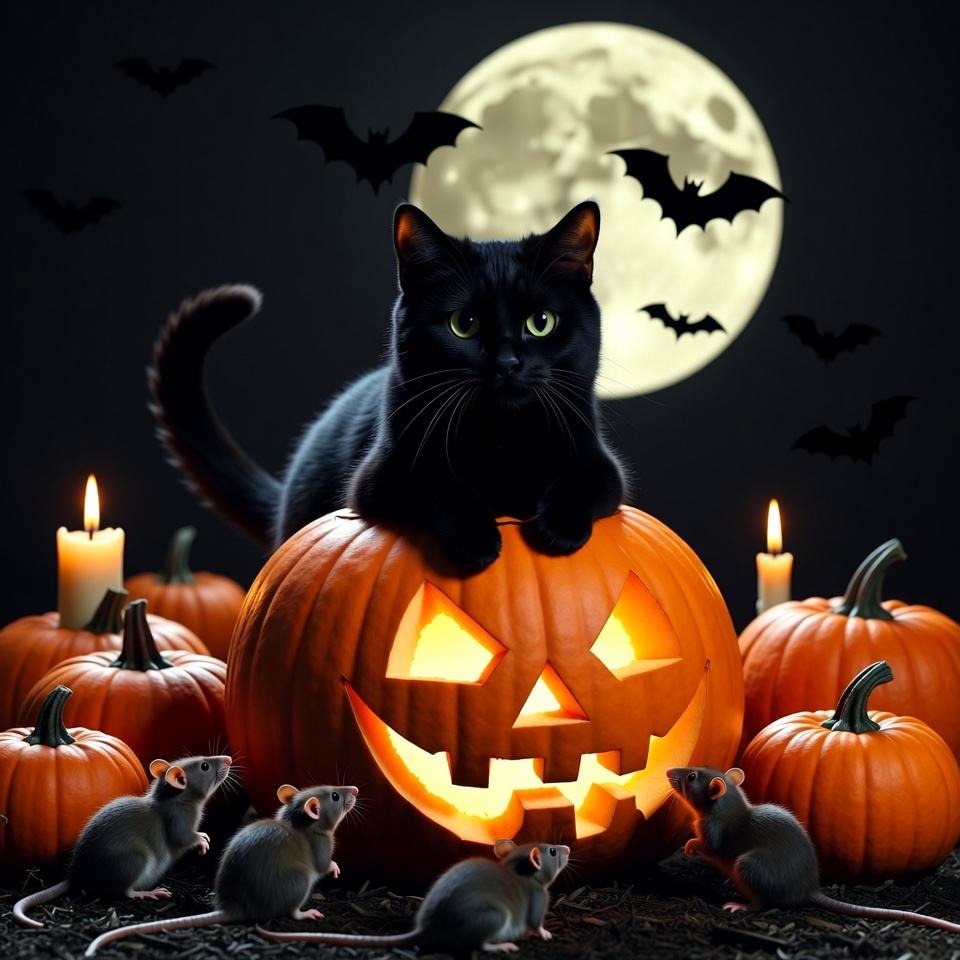 Black Cat on Jack-o-Lantern with Rats Black Cat on Jack-o-Lantern with Rats