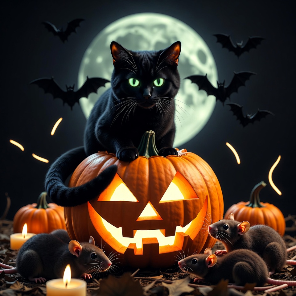 Black Cat on Halloween Pumpkin with Rats Black Cat on Halloween Pumpkin with Rats