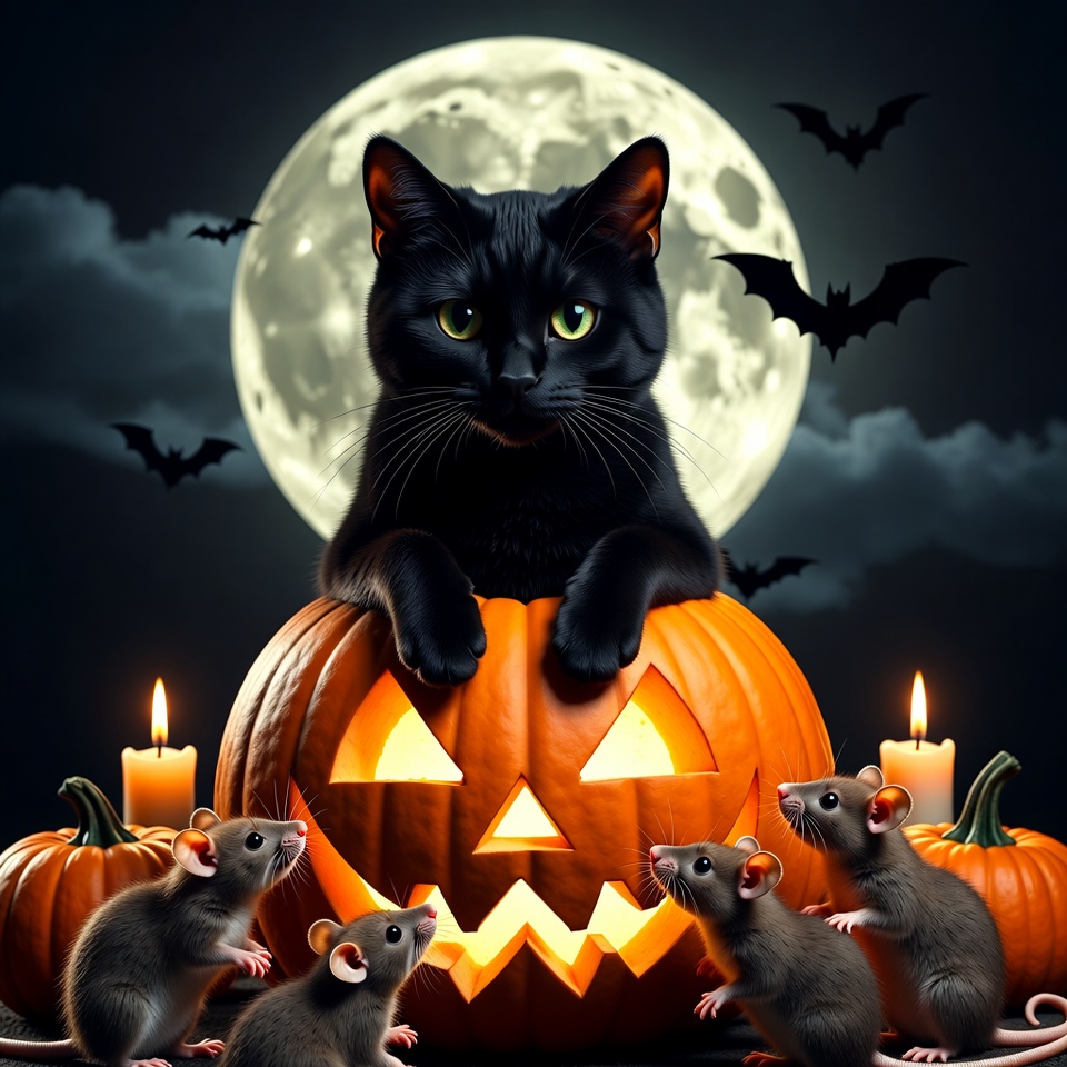 Black Cat on Halloween Pumpkin with Rats Black Cat on Halloween Pumpkin with Rats