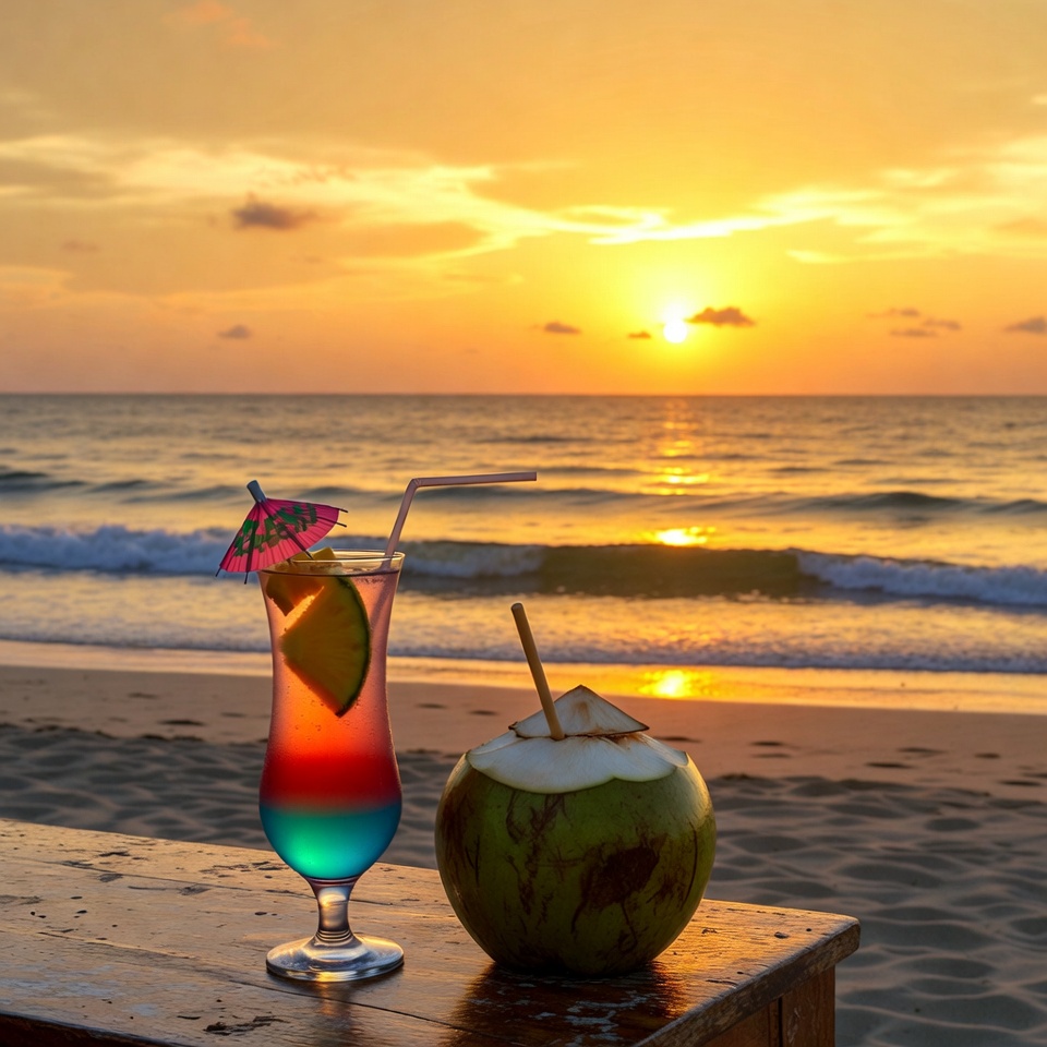 Tropical Coconut and Cocktail Sunset Beach Tropical Coconut and Cocktail Sunset Beach