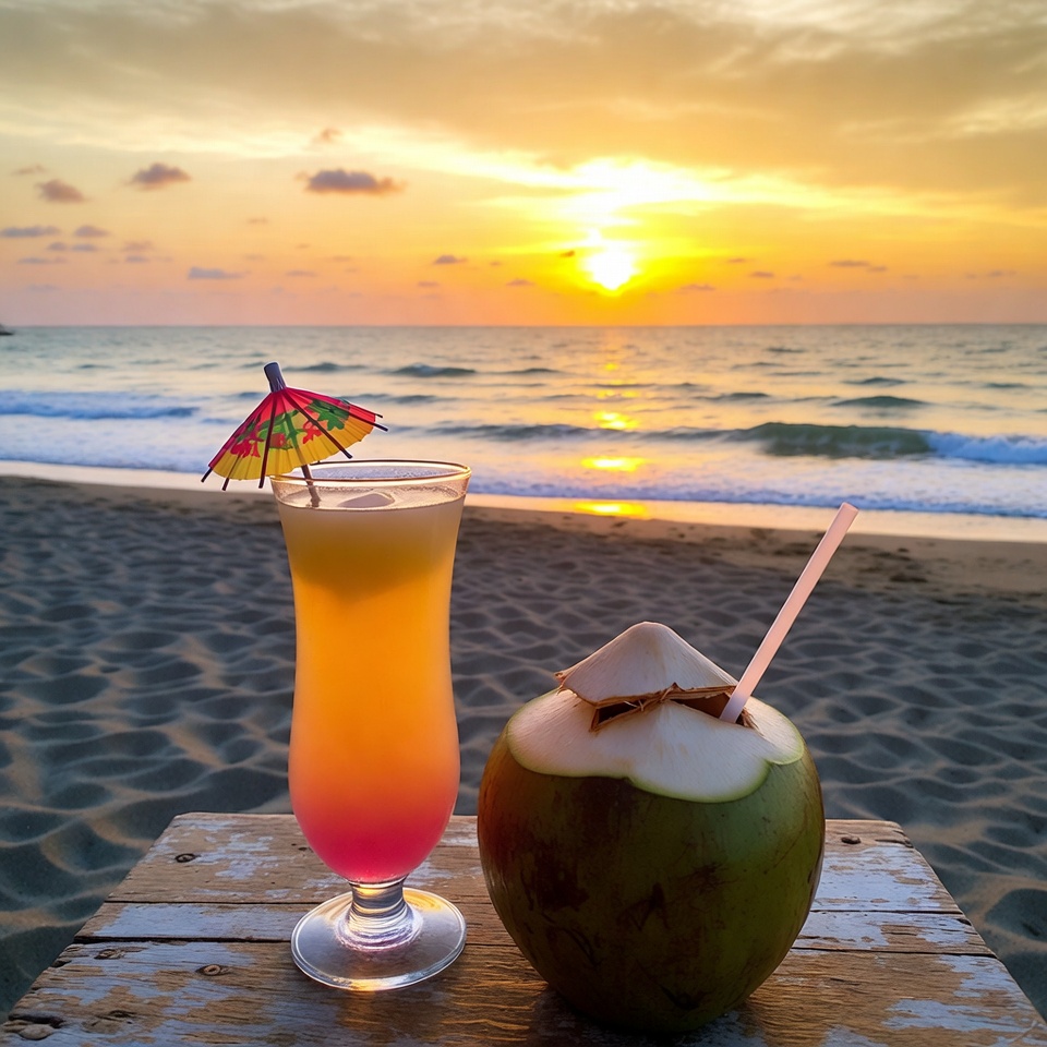 Tropical Drinks on Beach at Sunset Tropical Drinks on Beach at Sunset