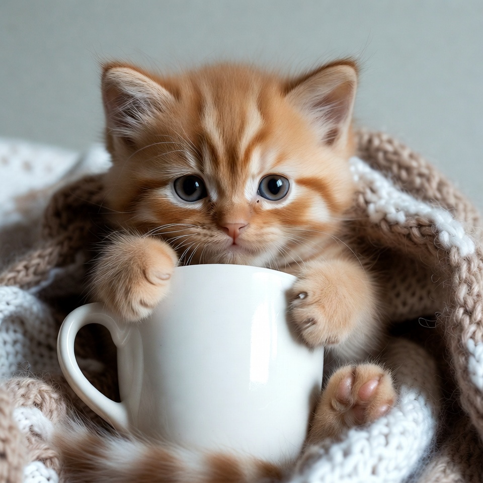 Kitten holding white mug Kitten holding white mug