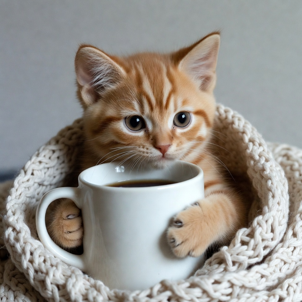Kitten holding coffee mug in blanket Kitten holding coffee mug in blanket