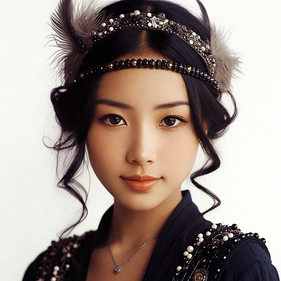 Asian woman in feathered headband Asian woman in feathered headband