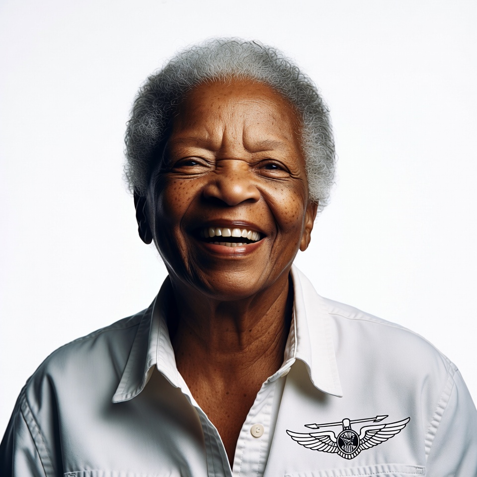 Elderly African-American woman smiling with wings pin Elderly African-American woman smiling with wings pin