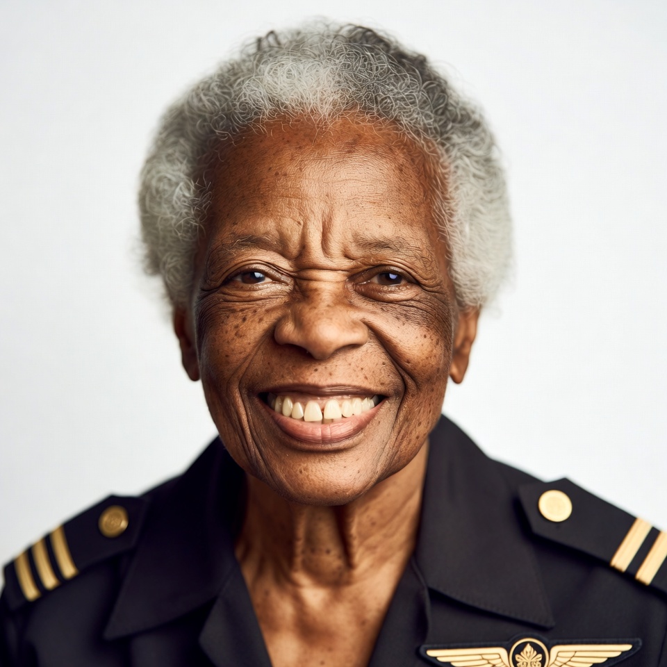 Elderly African-American woman in pilot uniform Elderly African-American woman in pilot uniform
